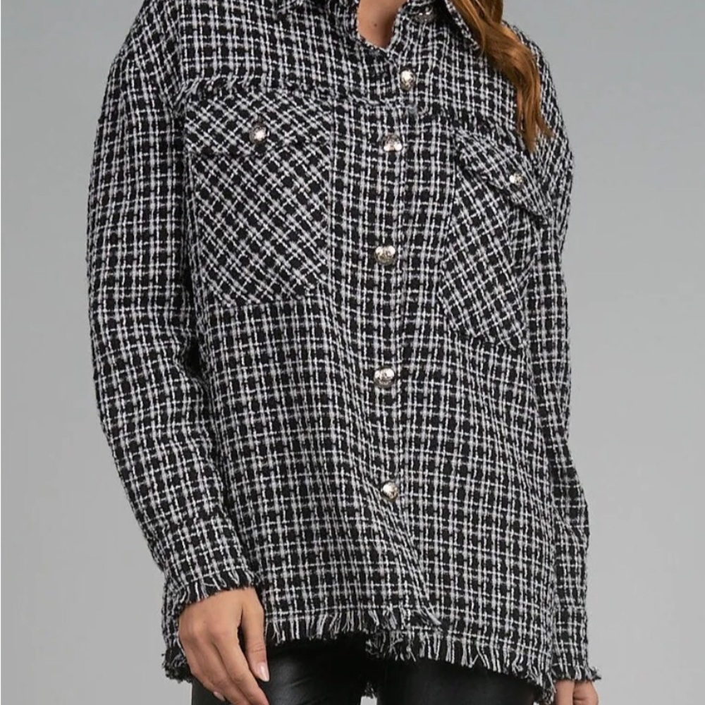 Elan, women’s  Shacket, black white woven tweed, fully lined, sz XS-S, NWOT.